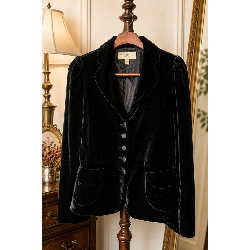 Vintage Black Velvet Blazer Jacket Puff Sleeve Gothic Dark Academia Women's S